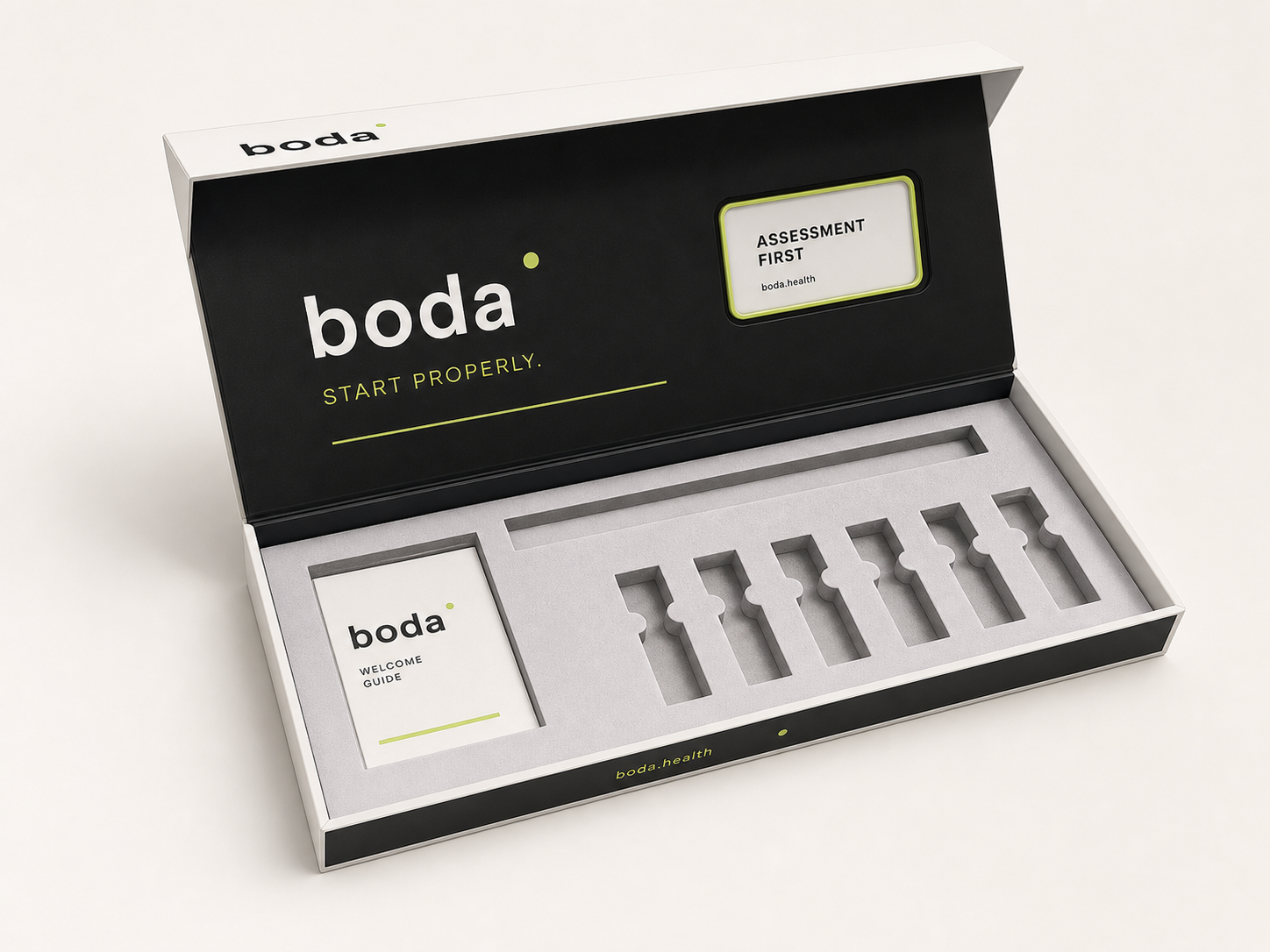 Original Boda hinged presentation tray box design with branded inside lid, foam insert, and welcome guide